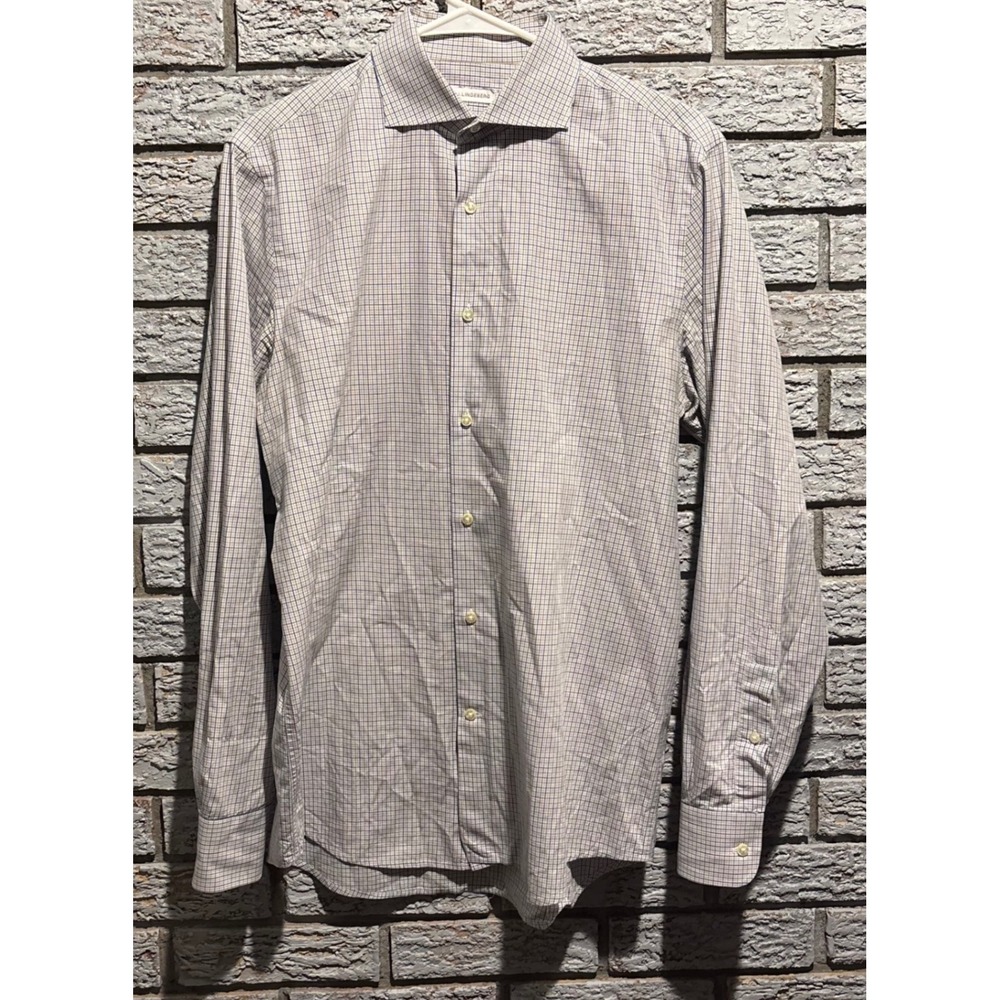J.Lindeberg Mens Blue Brown Check Button Down Shirt Size 40 15.75 Long Sleeve